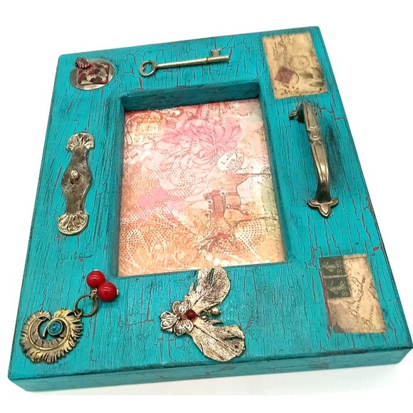 Unique Wooden Junk Art Frame Turquoise Crackle Paint Travel Theme Print Picture - Picture 7 of 8